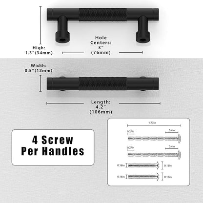 10 Pack Matte Black Knurled Cabinet Pulls 3 Inch(76mm) Kitchen Cabinet Handles Solid Zinc Alloy Cabinet Hardware Drawer Pulls