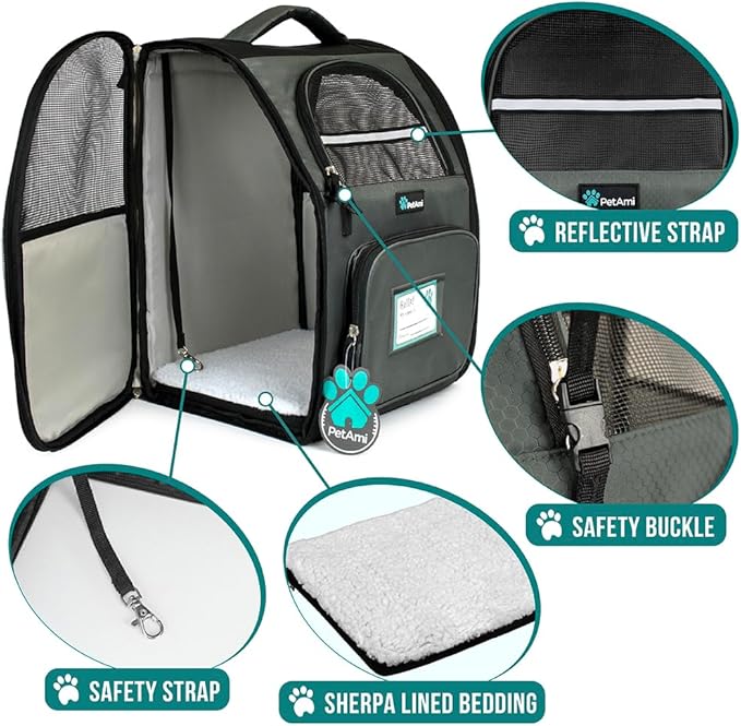 PetAmi Dog Backpack Carrier for Small Large Cat, Pet, Puppy, Ventilated Pet Hiking Backpack Travel Bag, Airline Approved Cat Backpack Carrier, Camping Biking Dog Bag Up to 18lbs Pet, Dark Grey-Mewly Pet