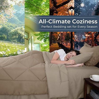HEVUMYI Khaki & Linen King Comforter Set - 7-Piece All Season Bed in a Bag King, Ultra Soft Bedding Set with Comforter, Flat Sheet, Fitted Sheet, Pillowcases, Pillow Shams