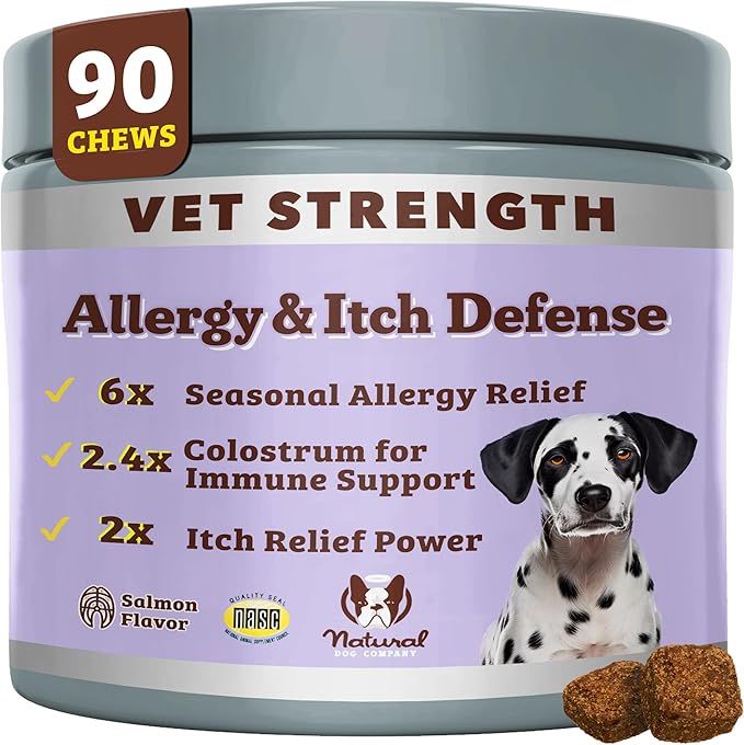 Natural Dog Company Aller Immune Chews 90 ct, Vet Strength High-Concentration Senior Dog Allergy Relief with 2.4X Colostrum, 2X Salmon Oil & 1.5X Probiotics, Supports Immune, Skin, Coat & Gut Health-Mewly Pet