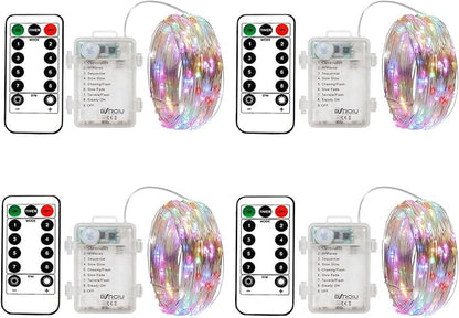 4 x Fairy Lights Battery Operated 8 Lighting Modes,50LEDs,16.4Ft/5 Meters Silver Wire String Lights,Timer Function,and Remote Control.for Christmas,Party,Wedding,Decorative Lighting