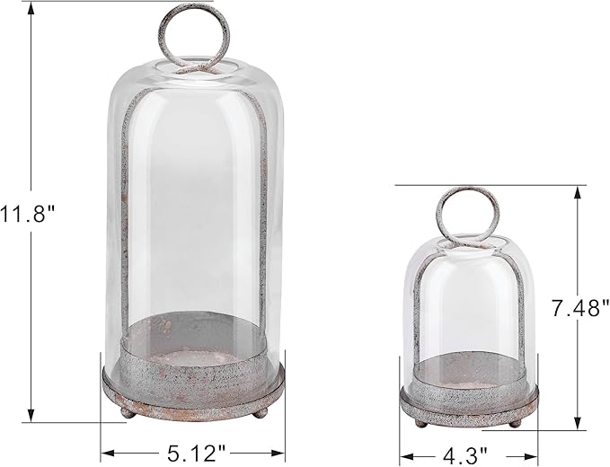 5" & 4" Wide Versatile Metal Candle Holder in Shabby White with Handmade Thick & Sturdy Glass Dome Cover for Pillar Candle & Plants, Farmhouse, Shabby Chic Style (2, White Shabby, Large & Small)