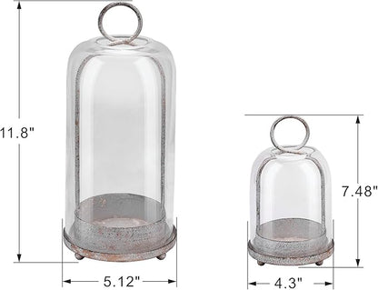 5" & 4" Wide Versatile Metal Candle Holder in Shabby White with Handmade Thick & Sturdy Glass Dome Cover for Pillar Candle & Plants, Farmhouse, Shabby Chic Style (2, White Shabby, Large & Small)