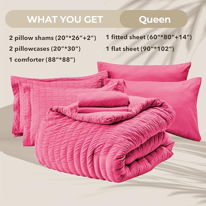 HYMOKEGE Hot Pink Queen Comforter Set Seersucker 7 Pieces, All Season Luxury Bed in a Bag Queen for Bedroom, Bedding Set with Comforter, Sheets, Pillowcases & Shams