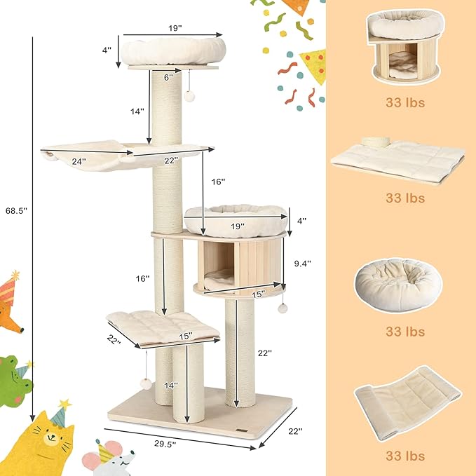 PETSITE 68.5" Tall Cat Tree, Multi-Level Modern Cat Tower with Sisal Scratching Posts, Top Perch, Cat Condo, Hammock, Jingling Balls, and Washable Cushions, Cat Tree Tower for Indoor Cats Large Adult-Mewly Pet
