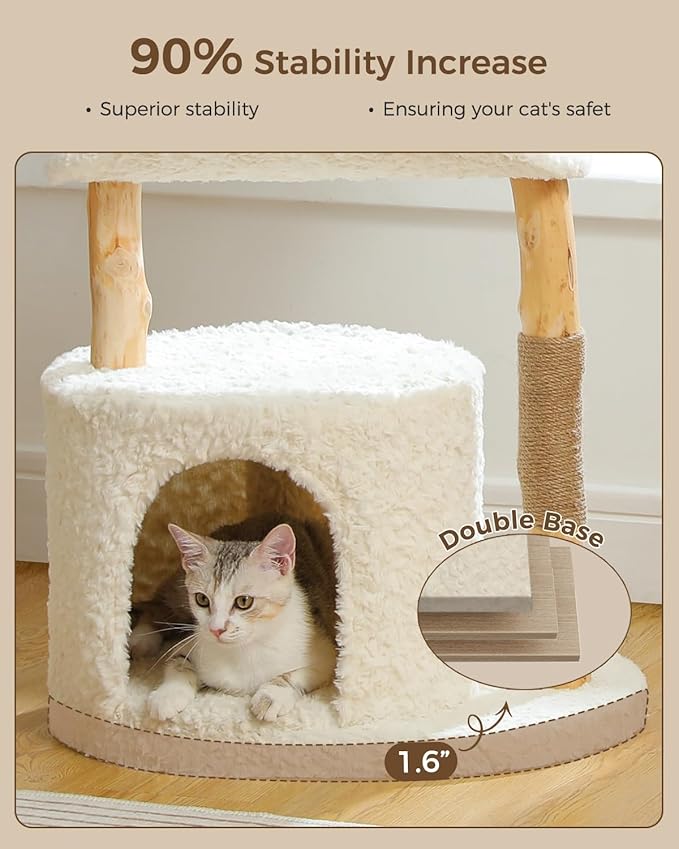 Modern Cat Tree Tower for Large Cats, Wood Cat Tower with Natural Scratching Post, Solid Wood Condo, Real Branch Luxury Cat Furniture with Curved Bed, Top Basket, White-Mewly Pet