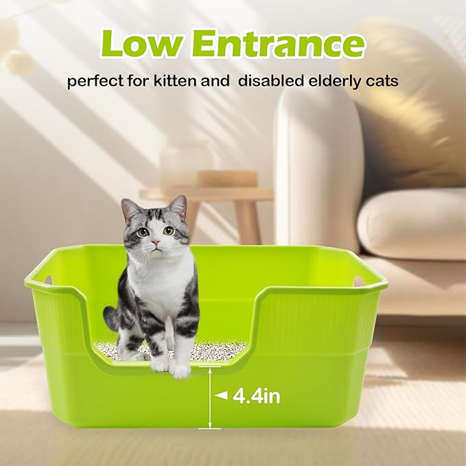 Large Litter Pan Low Entry,High Wall Litter Box Side Entry Plastic Cat Boxes for Indoor Cats Anti-Urine Leakage,High Sides Kitty Tray Open Kitten Toilet Low Entrance Green-Mewly Pet
