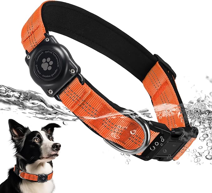 Upgraded AirTag Dog Collar, IP68 Waterproof Air Tag Dog Collar Holder, Reflective, Ultra-Durable, Comfortable Padded, Heavy Duty Dog Collars for Small Medium Large Dogs (XS (10.25"-13"), Orange)-Mewly Pet