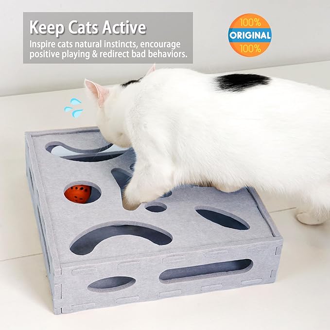 PETKARAY Felt Cat Puzzle Toy, Interactive Cat Toys for Indoor Cats, Interactive Maze for Kitten Felt Puzzle Box with Ball, Grey-Mewly Pet