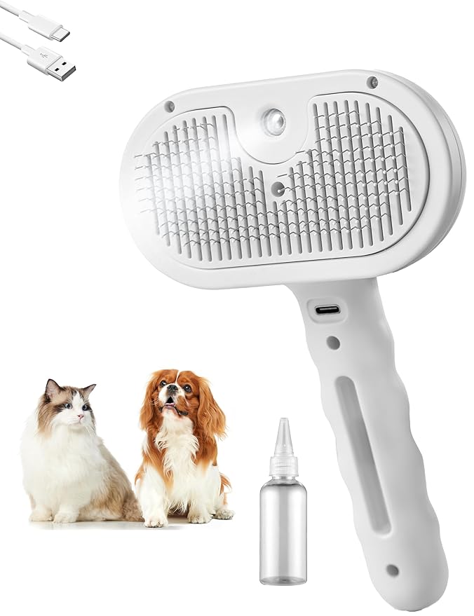 Pet Grooming Steam Brush, Pet Spray Hair Removal Comb, Anti-Static, Rechargeable, Comfortable Grip, for Dogs & Cats, Spray Hair Removal Comb, Steam Brush for Shedding & Grooming, White-Mewly Pet