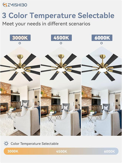 ZMISHIBO 62 Inch Black and Gold Ceiling Fans with Lights and Remote, Indoor/Outdoor Ceiling Fan for Patio Living Room, 6 Speed Reversible Quiet DC Motor, 3 CCT, Dual Finish Blades