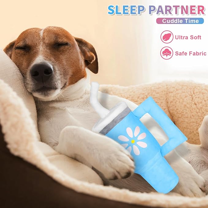 Squeaky Dog Toy - Crinkle Pup Cup Tumbler Plush Dog Toy with Cute Daisy Design for Small Medium Breeds, Funny Interactive Puppy Birthday Gift (Blue)-Mewly Pet