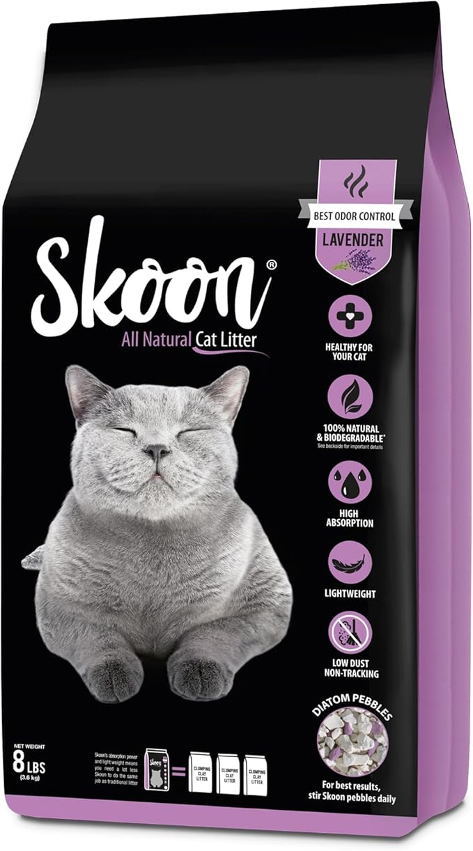 Skoon All Natural Cat Litter (1 Bag) - Lavender - Lightweight, Low Tracking, Non-Clumping Diatom Pebbles Absorb, Lock, and Seal Waste for Best Odor Control-Mewly Pet