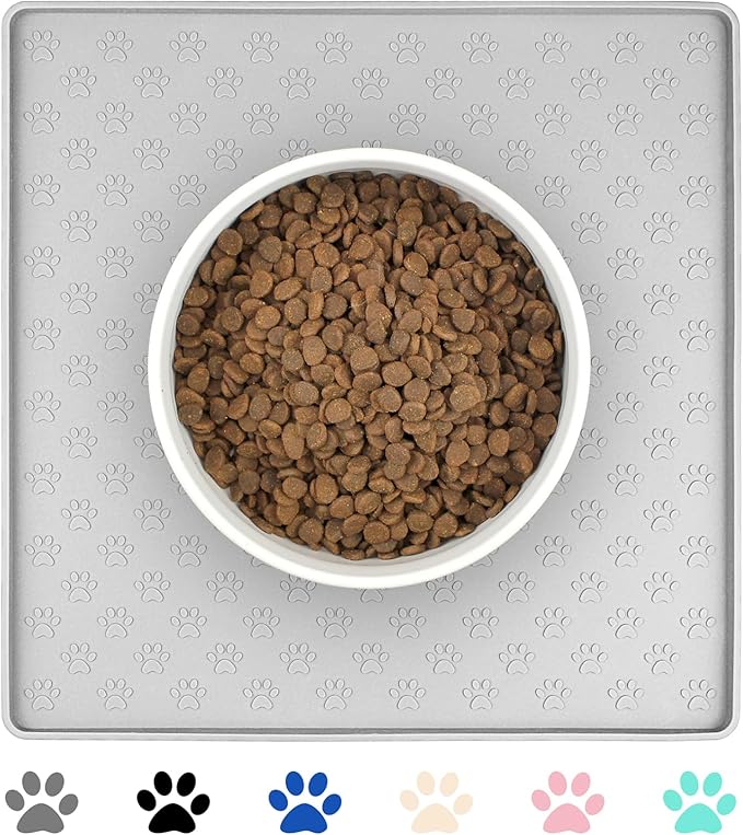 Ptlom Dog Food Mat Anti-Slip Bowl Mats for Food and Water, Waterproof Silicone Pet Placemat with High Raised Edges, Non-Slip Puppy Feeding Tray for Small, Medium Large Cats Dogs, Gray, 11.8"x11.8"-Mewly Pet