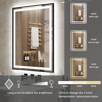 LED Bathroom Mirror, 28x36 Inch Black Framed Gradient Front and Backlit Bathroom Mirror with Lights, 3 Colors Dimmable CRI>90, Enhanced Anti-Fog Wall Mounted LED Mirror for Bathroom