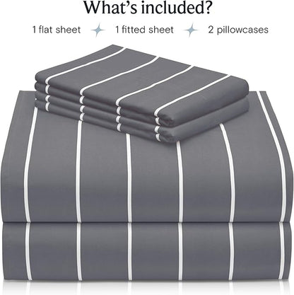 LuxClub 4 PC Queen Size Sheet Set Bed Sheets, Breathable Luxury Deep Pockets 16" Wrinkle Free Cooling Sheets Machine Washable Hotel Bedding (Queen, Striped Light Grey)