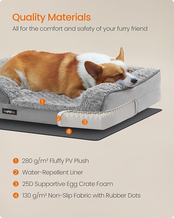 Feandrea Orthopaedic Dog Bed for Medium Dogs, Waterproof Dog Sofa Bed with Removable Washable Cover, 28 x 23 x 6.5 Inches, Dove Gray UPGW251G01-Mewly Pet