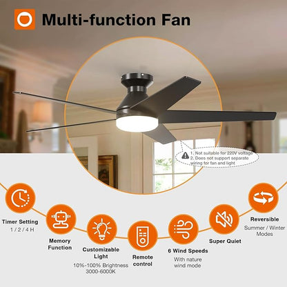 addlon Ceiling Fans with Lights, 52 inch Low Profile Ceiling fan with Light and Remote Control, Flush Mount, Reversible, 3CCT, Dimmable, Noiseless, Black Ceiling Fan for Bedroom, Indoor/Outdoor Use