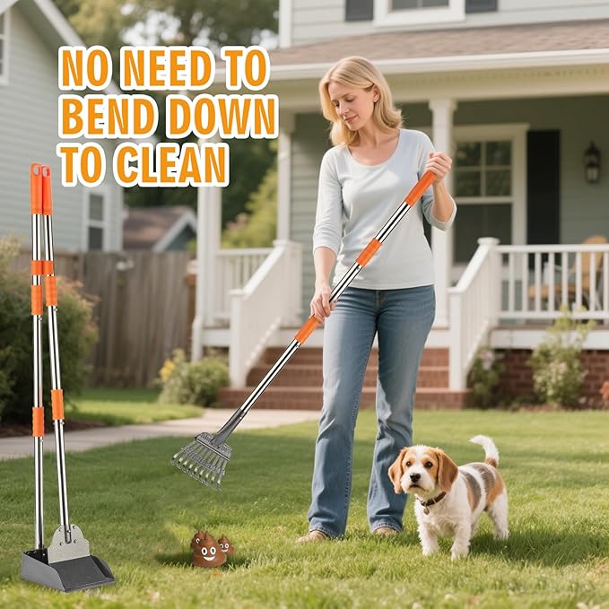 TIMINGILA Pooper Scooper Dog Pooper Scooper Long Handle Stainless Metal Tray Rake Spade Set for Large Medium Small Dogs Easy to Clean Pet Waste Use for Yard, Grass, Dirt or Gravel - Pet Supplies-Mewly Pet