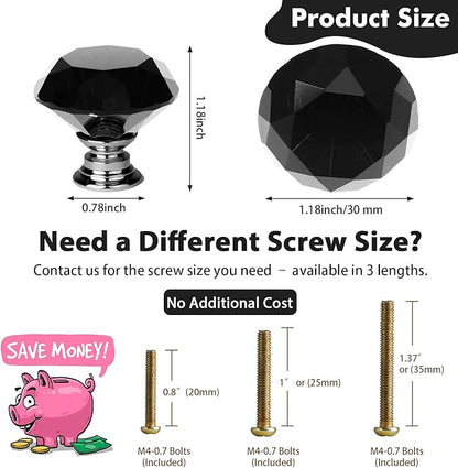 DEELF 25 Packs Kitchen Cabinet Knobs, 30 mm Crystal Cabinet Knobs, Diamond Dresser Handle Drawer Pulls, Dresser Knobs for Cabinets and Drawers, Black