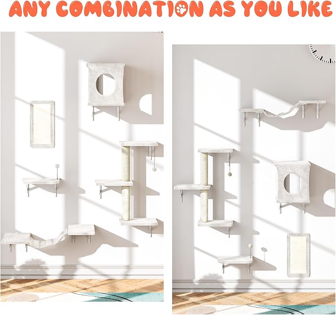 NUNU LAB Wall Mounted Cat Furniture, 5 Pcs Cat Wall Shelves with House, Bridge, Steps, Scratching Post, Shelves, Indoor Safe & Stable Furniture for Kittens Play, Beige-Mewly Pet