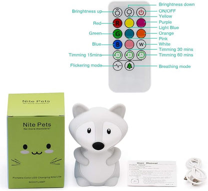 Animal Fox Kids Night Light, Cute Children's Room LED Bedside Rechargeable Child Lamp with Changeable RGB 9 Colors for Boy/Girl/Adult/Baby, Compatible with Touch-Control & Remote Control