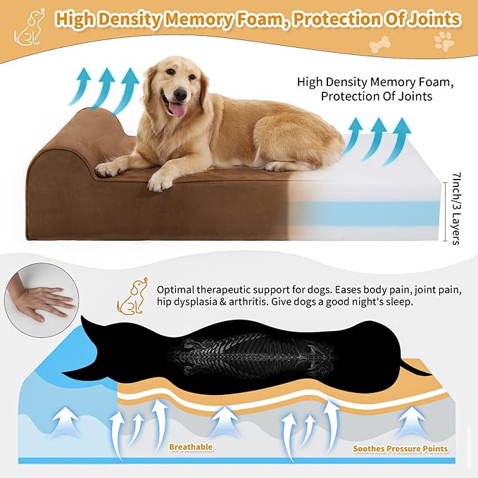 Orthopedic Dog Beds for Large Dogs, 7" Memory Foam Dog Beds with Waterproof Liner, Chew Proof Microsuede Cover, Removable and Washable, Nonskid Bottom, 48"x30" L Brown-Mewly Pet