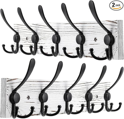 2pcs Coat Rack Wall Mount Wooden Hat Rack for Wall Hooks Pine Real Wood Plank 16.9" Old White Coat Hanger with 5 Black Triple Hooks for Hanging Coat Hat Jacket