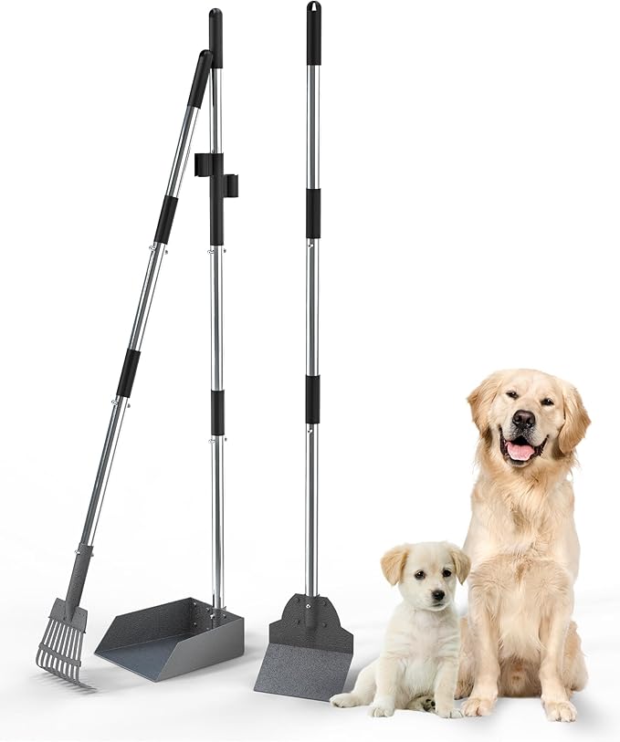 Dog Pooper Scooper Set, Stainless Metal Tray Rake Spade 3 Pack, Long Handle Pet Waste Scooper for Large Medium Small Dogs, Heavy Duty Poop Scooper for Yard, Grass, Dirt or Gravel-Mewly Pet