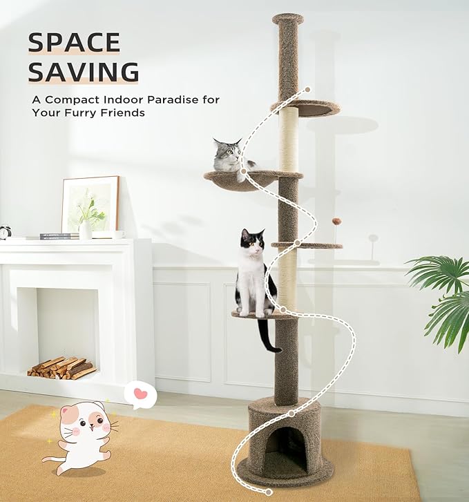 Made4Pets Floor to Ceiling Cat Tree 93-106'',Tall Cat Tower 5 Tiers, Adjustable Height, Stable Cat Tree Tower with Scratching Posts, Fluffy Condo, Hammock and Ball Toy for Indoor Cats/Kitten, Brown