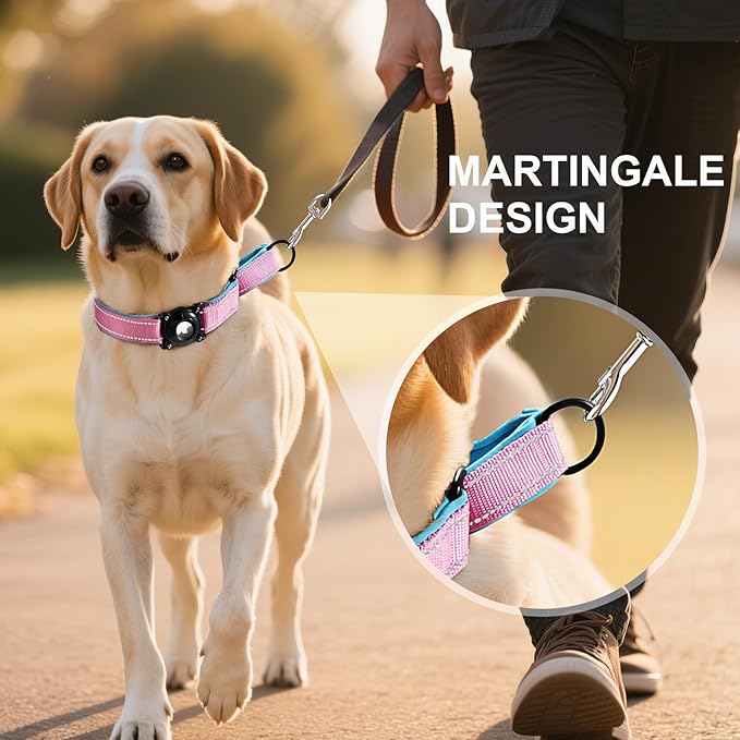 Airtag Dog Collar with Martingale Design, IP68 Waterproof Air Tag Collar Holder, Adjustable Reflective Soft Padded Nylon Dog Collar for Large Medium Small Dogs-Mewly Pet