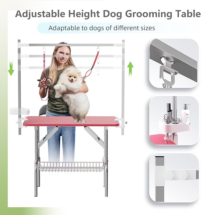 VFK 36''/47''Large Dog Grooming Table, Foldable Pet Station at Home, Dog Grooming Table,Adjustable Cat Drying Desktop with Arms, Nooses, Mesh Tray (Stainless Steel pet Table, 36" Pink)-Mewly Pet