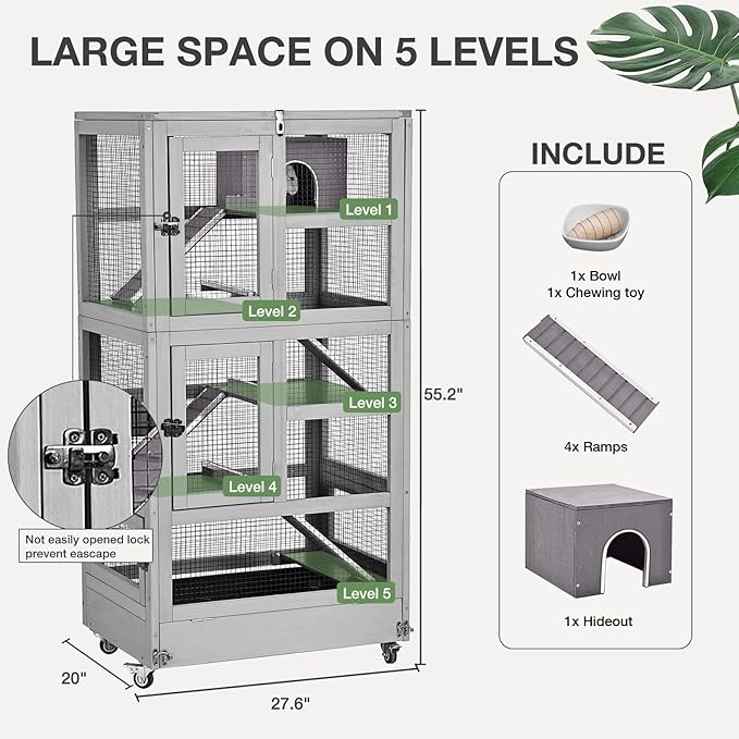 Ferret Cage Rat Cage Indoor Outdoor, Large Guinea Pig Cages with 5 Levels, Wooden Chinchilla Cage with Wheels for Hamster, Chameleon, Gerbils and Other Small Animals Anti-Chewing-Mewly Pet