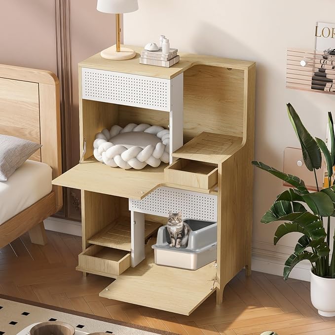 Cat Litter Box Enclosure Furniture Hidden Indoor 2-in-1 Wooden Cat House & Washroom Cabinet with Drawer for 2 Cats, 31.4"x15.7"x44.8"H-Mewly Pet