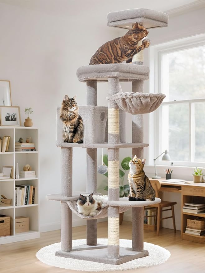 Taoqimiao MS042W Cat Tree,66-inch Large Cat Tower with Scratching Posts, Luxurious Large Platform for Big Cats with Soft Hammock, Adjustable Basket, Deluxe Cat Cando, Top Perch Light Gray-Mewly Pet