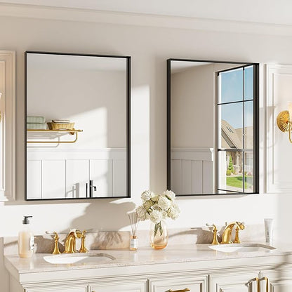Black Vanity Wall Mirror, 22x 30 Inch Rectangular Bathroom Mirrors for Over Sink, Aluminum Metal Framed Mirror, Tempered Glass, Anti-Rust, (Horizontal/Vertical) 2Pack