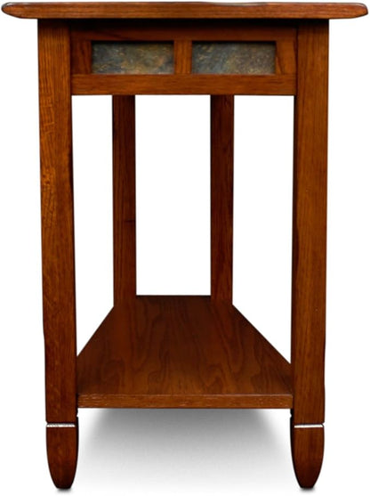 Leick Home Slate End Table, Solid Wood, Narrow Wedge Shape, Slate Tile Insets, Bottom Display Shelf, Easy-Assembly, Rustic Oak, 23.5 in. L x 17 in. W x 24 in. H, 10056