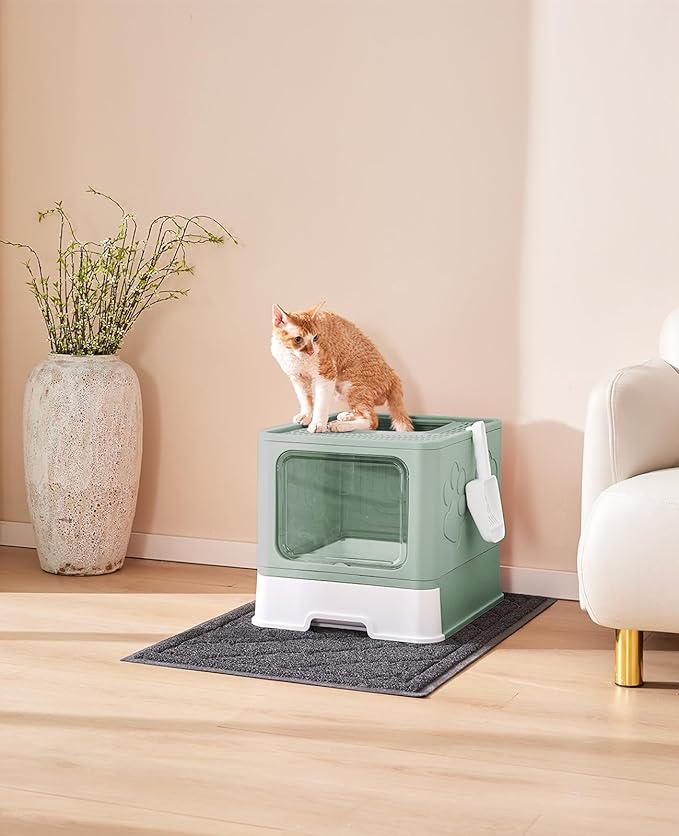 Cat Litter Box with X-Large Litter Mat and Scoop, Large Foldable Litter Box with Lid, Enclosed Kitty Box,Front Top Entry Exit, Odor Control Easy to Clean (Upgrade Green)-Mewly Pet