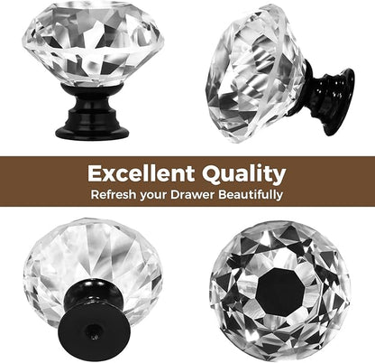 DEELF 12 Packs Kitchen Cabinet Knobs, 40 mm Crystal Cabinet Knobs, Diamond Dresser Handle Drawer Pulls, Dresser Knobs for Cabinets and Drawers, Black Base