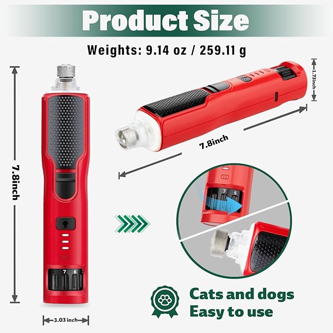 Dog Nail Grinder 7-Speed & 360° LED Light, Professional Pet Nail Grinder for Dogs and Cats, Electric Dog Nail Trimmer Painless Paws Grooming & Smoothing Tool for Large Medium Small Dogs Cats Pets-Mewly Pet