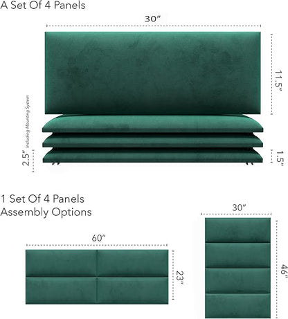 Vänt Upholstered Wall Panels - Queen/Full Size Wall Mounted Velvet Headboards - Velvet Emerald Green - Set of 4 Panels (Each Individual Panel 30"x11.5")