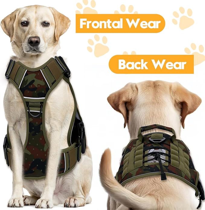 Heavy-Duty Tactical Dog Harness for Large Dogs, No Pull Adjustable Reflective Pet Vest with Molle System, K9 Military-Grade Control for Service Training, Outdoor & 10+ Breeds, Green Camo, XX-Large-Mewly Pet