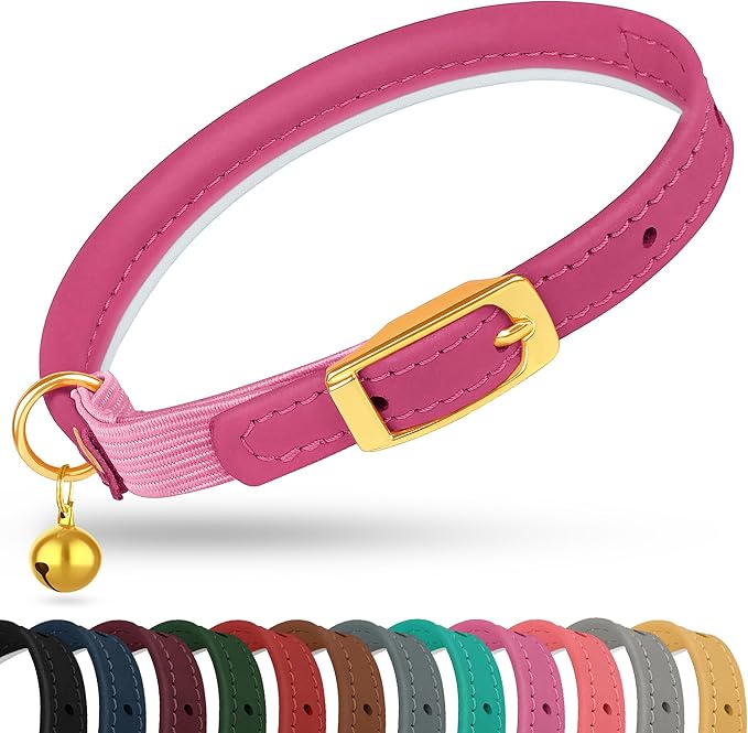 OOPSDOGGY Rolled Leather Cat Collar with Bell - Reflective Kitten Collar with Safety Elastic Strap - Adjustable Small Pet Collars for Boy Girl Cats (Fuchsia)-Mewly Pet