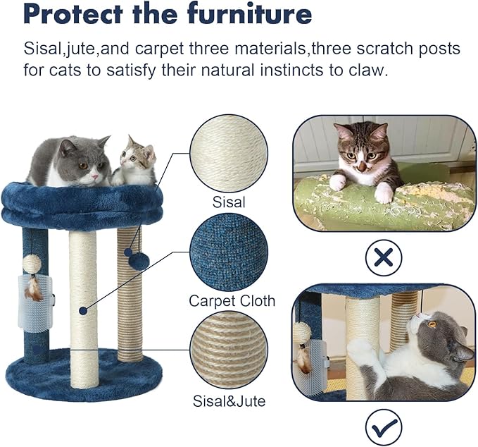 MECOOL Cat Scratching Post Tree with Tower Soft Bed.Natural Quality Sisal Carpet Jute Scratch Posts with Three Hanging Ball Toys and Massage Brush for Indoor Cats and Kittens Blue-Mewly Pet