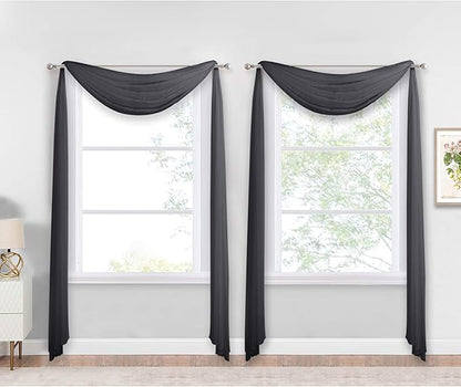 NICETOWN Black Sheer Villa Scarf Curtain Panels, Simple Voile Sheer Scarf Valance for Your Son & Farther Bedroom, 2 Pieces, 60" Length by 216" Width