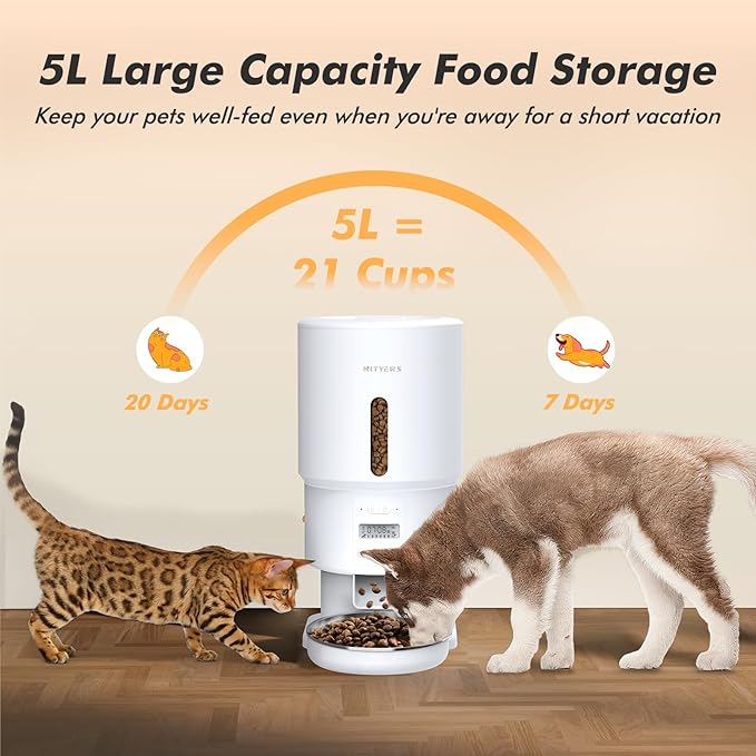 Automatic Cat Feeder - 5L Anti-Clog Cat Food Dispenser with Freshness Preservation, 1-6 Meals/Day, Programmable Portions, 10s Voice, 180-Day Battery Life, Auto Pet Feeder for Multi Cats & Dogs-Mewly Pet