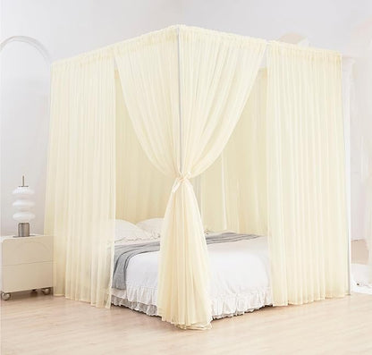 Akiky Ivory Canopy Bed Curtains with Lights 8 Panel Canopy Curtains Drapes for King Size Bed Large Rod Pocket Sheer Canopy Bed Drapes