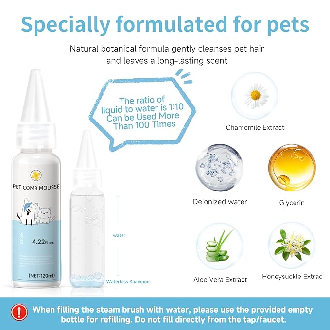 Pet Steam Brush for Dog & Cat - 3-in-1 Steam Grooming Brush for Shedding & Hair Removal - Self Cleaning Spray Comb with Mist for Long Haired Pets - Includes 1*Waterless Shampoo, Blue-Mewly Pet