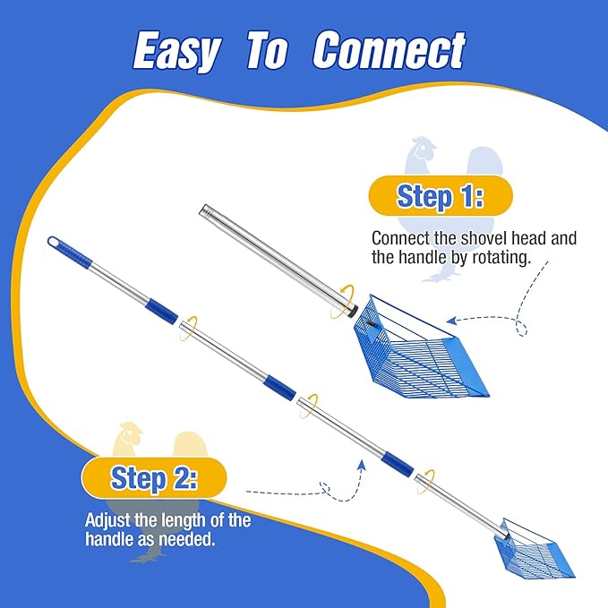 Large Chicken Poop Scooper, Heavy Duty Chicken Coop Scoop for Sand, 35" to 64" Adjustable Stainless Steel Handle, Multifunctional Sifting Shovel for Chicken Coop/Goat Stall/Stable Cleaning-Mewly Pet