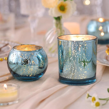 20 Pcs Assorted Lake Blue Votive Candle Holders, Larger Size Mercury Glass Candle Holder Bulk, Tealight Candle Holders for Wedding Decorations, Bridal Shower Table Decorations, Lake Blue Centerpieces